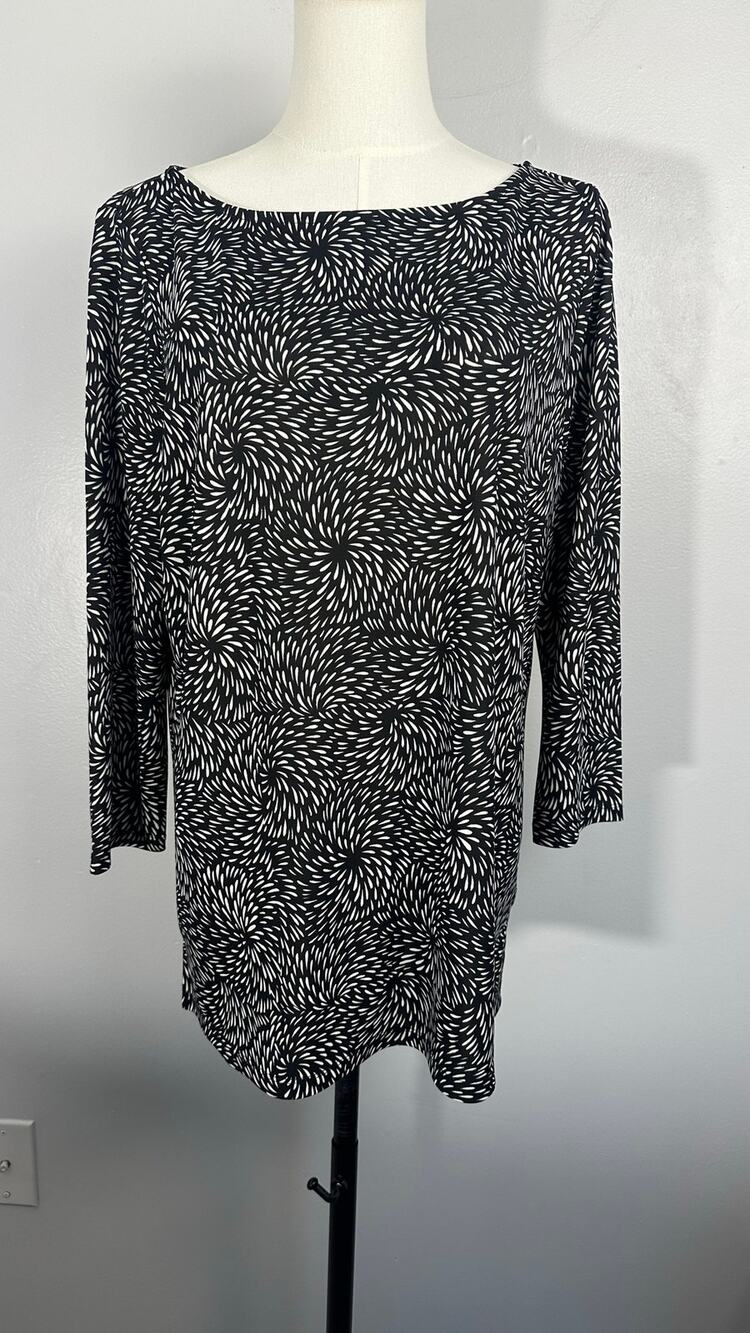Talbots M Tunic Top Black White Abstract Print Boat Neck 3/4 Sleeve Stretch